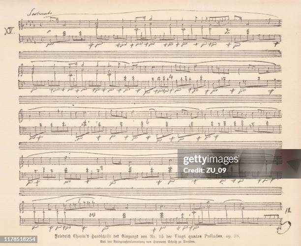 stockillustraties, clipart, cartoons en iconen met original manuscript by frédéric chopin (1810-1849), facsimile, published in 1885 - piano