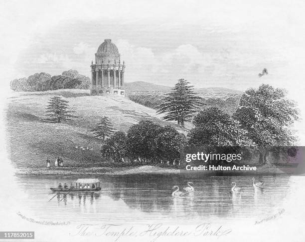The temple in the grounds of Highclere Castle, the country seat of the Earls of Carnarvon, Hampshire, England, circa 1850. Engraving published 4th...