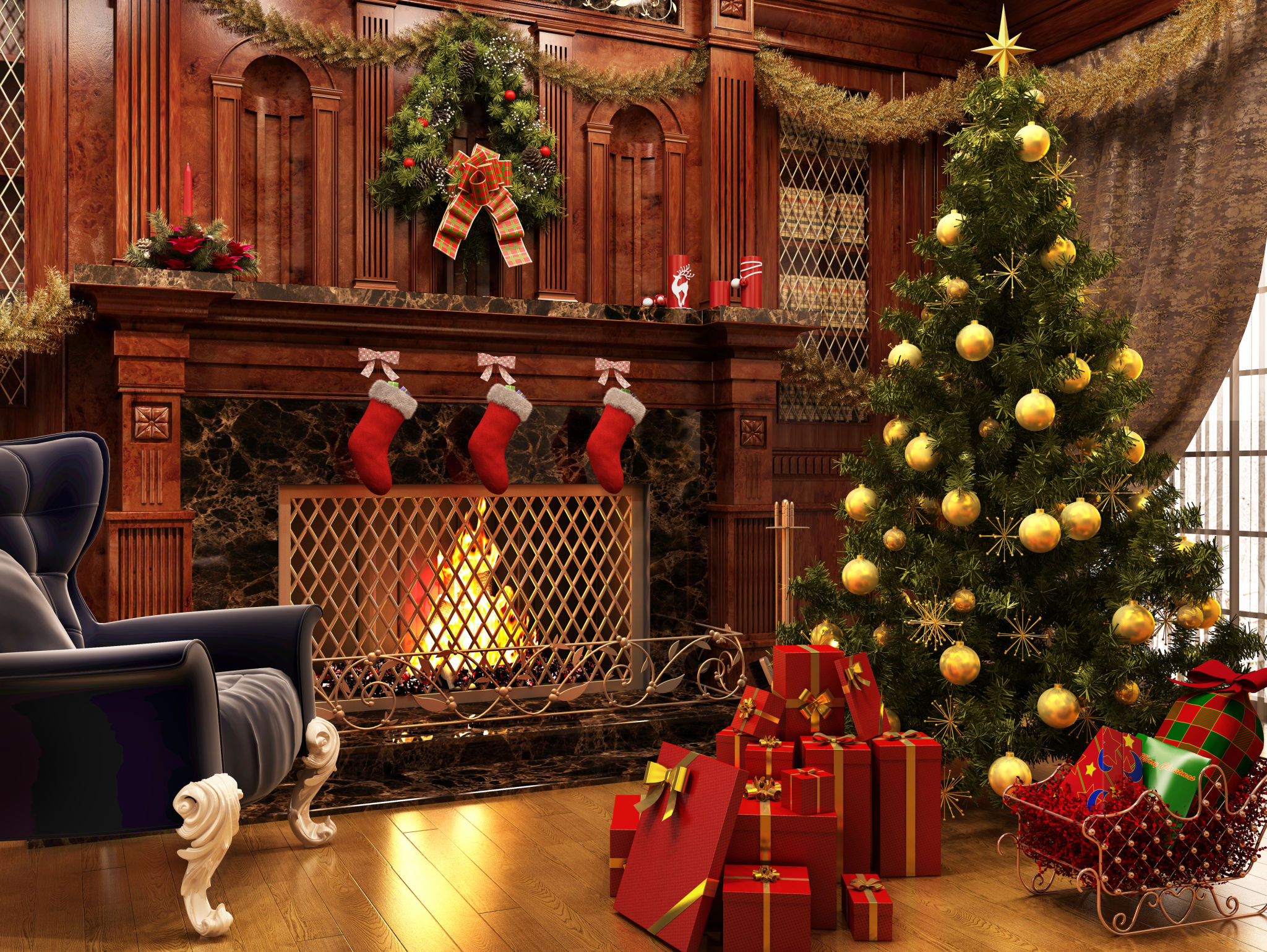 Christmas near a beautiful fireplace and a lot of gifts Christmas near a beautiful fireplace and a lot of gifts