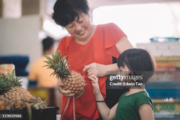 an asian chinese female grandmother bring her granddaughter to fruit market choosing pineapples and showing it to her granddaughter - grandmother granddaughter stock pictures, royalty-free photos & images
