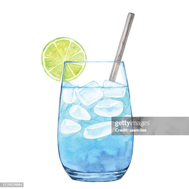 ilustrações, clipart, desenhos animados e ícones de cocktail azul da aguarela - lemonade