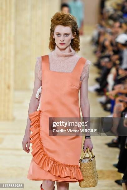 Model walks the runway during the Miu Miu Ready to Wear Spring/Summer 2020 fashion show as part of Paris Fashion Week on October 01, 2019 in Paris,...