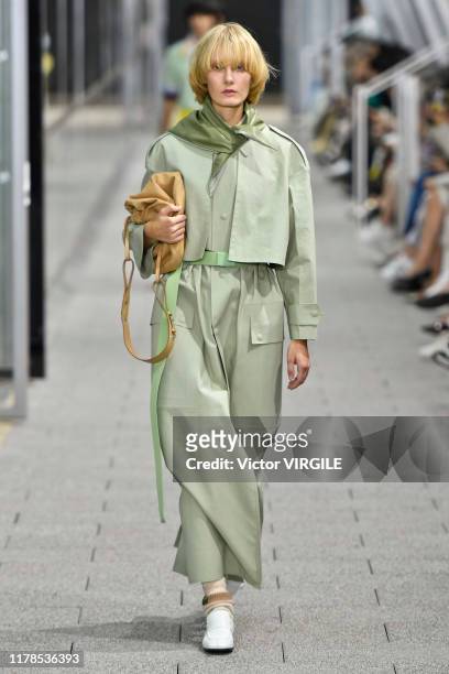 Model walks the runway during the Lacoste Ready to Wear Spring/Summer 2020 fashion show as part of Paris Fashion Week on October 1, 2019 in Paris,...