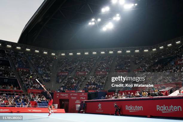 Novak Djokovic of Serbia serves against Go Soeda of Japan on day three of the Rakuten Open at the Ariake Coliseum on October 02, 2019 in Tokyo, Japan.