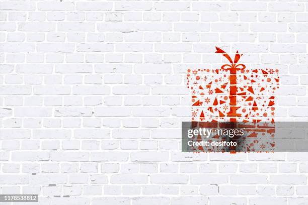 modern white color brick pattern wall texture grunge background xmas vector illustration with a red colored creative christmas gift box graffiti graffitied on wall - whitewashed brick stock illustrations
