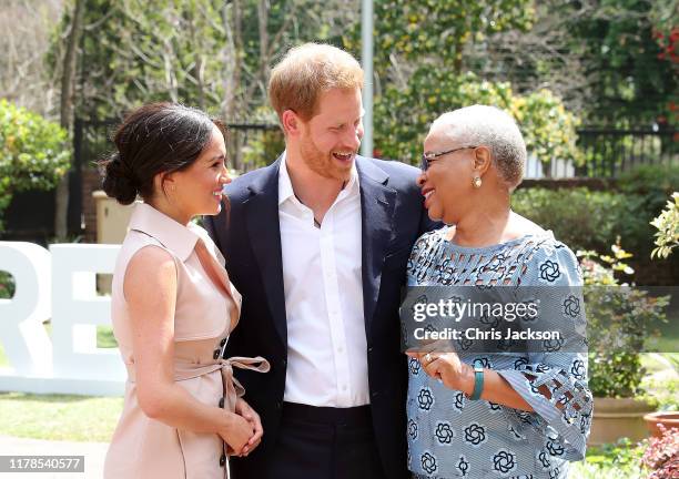 Prince Harry, Duke of Sussex and Meghan, Duchess of Sussex meet Graca Machel, widow of the late Nelson Mandela on October 02, 2019 in Johannesburg,...