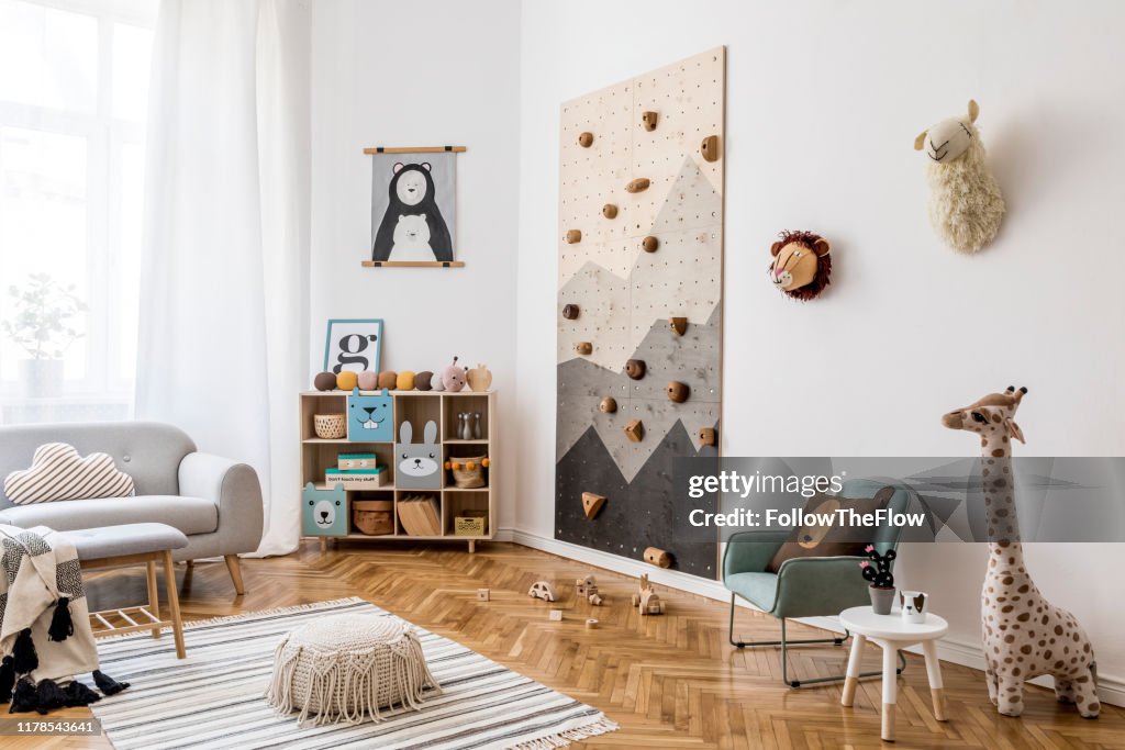 Stylish Scandinavian Interior Design Of Childroom With Modern Climbing ...