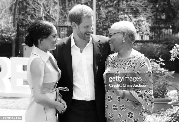 Prince Harry, Duke of Sussex and Meghan, Duchess of Sussex meet Graca Machel, widow of the late Nelson Mandela on October 02, 2019 in Johannesburg,...