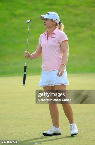 Jennifer Kupcho reacts to a missed putt during the second round of the Indy Women In Tech Championship Driven by Group 1001 held at the Brickyard...