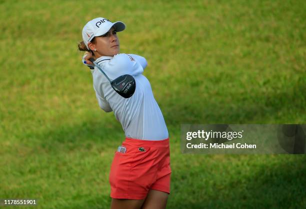 Azahara Munoz of Spain hits a drive during the second round of the Indy Women In Tech Championship Driven by Group 1001 held at the Brickyard...