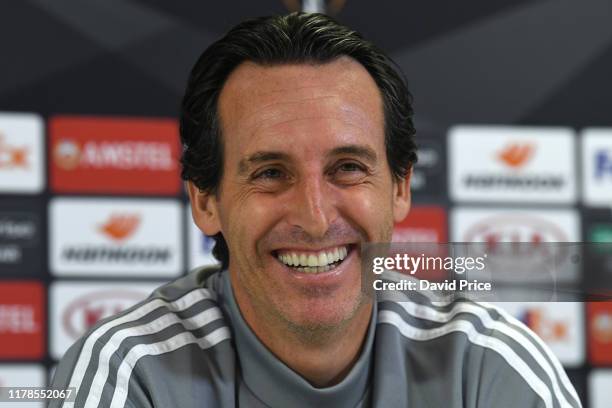 Unai Emery the Arsenal Head Coach during the Arsenal Training Session and Press Conference at London Colney on October 02, 2019 in St Albans, England.