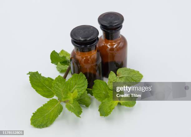 peppermint oil on white background - pfefferminz stock-fotos und bilder