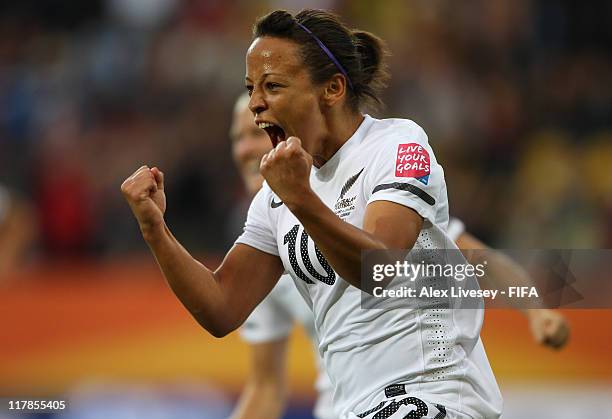 Sarah Gregorius of New Zealand celebrates after scoring the opening goal during the FIFA Women's World Cup Group B match between New Zealand and...