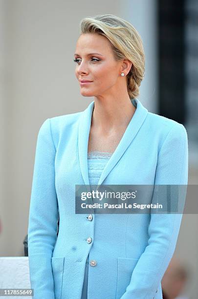 Princess Charlene of Monaco looks on after the civil ceremony of the Royal Wedding of Prince Albert II of Monaco to Charlene Wittstock at the...