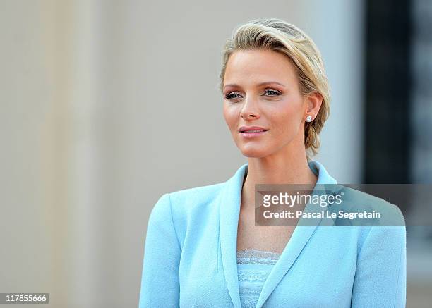 Princess Charlene of Monaco looks on after the civil ceremony of the Royal Wedding of Prince Albert II of Monaco to Charlene Wittstock at the...