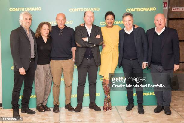 The actress Aude Legastelois and the Italian actor and director Antonio Albanese with the production team at the photocall presenting the movie...