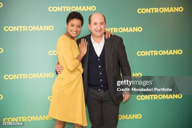 The actress Aude Legastelois and the Italian actor and director Antonio Albanese at the photocall presenting the film Contromano, cinema Anteo....