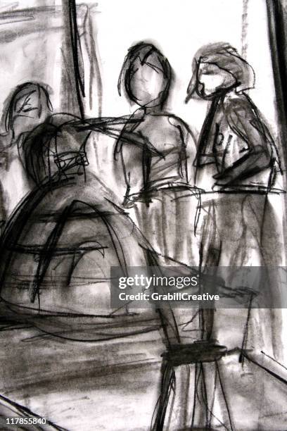 stockillustraties, clipart, cartoons en iconen met charcoal gesture drawing of people conversing - houtskooltekening