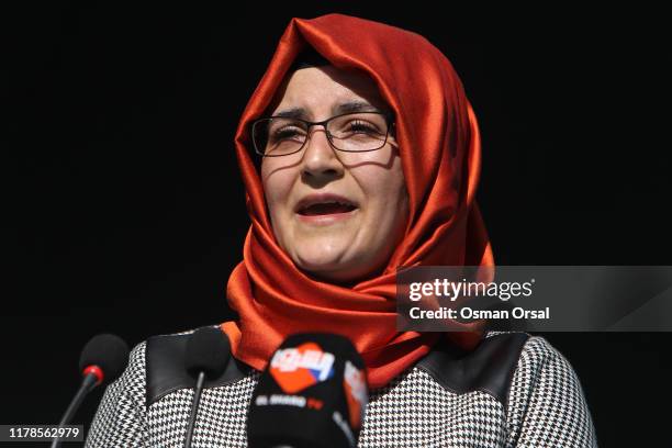 Hatice Cengiz, fiancee of murdered Saudi journalist Jamal Khashoggi, speaks in a ceremony near the Saudi Arabia consulate in Istanbul, marking the...