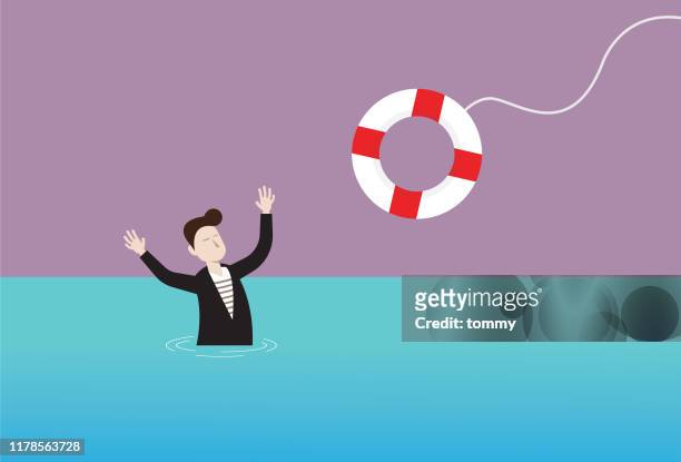 businessman in the water and lifebuoy - head above water stock illustrations