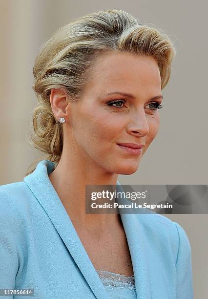 Princess Charlene of Monaco looks on after the civil ceremony of the Royal Wedding of Prince Albert II of Monaco to Charlene Wittstock at the...