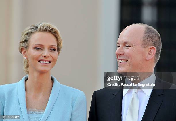 Princess Charlene of Monaco and Prince Albert II of Monaco look on after the civil ceremony of the Royal Wedding of Prince Albert II of Monaco to...