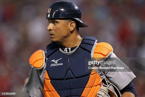 Catcher Victor Martinez of the Detroit Tigers at Rangers Ballpark in Arlington on June 8, 2011 in Arlington, Texas.