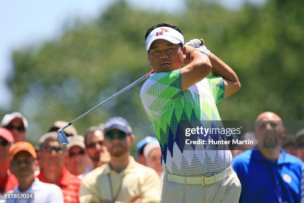 Choi of South Korea hits his tee shot on the eighth hole during the second round of the AT&T National at Aronimink Golf Club on July 1, 2011 in...