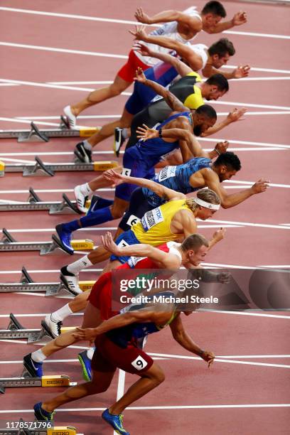 General view of the start as Heat 2 competes in the Men's Decathlon 100 metres heats during day six of 17th IAAF World Athletics Championships Doha...