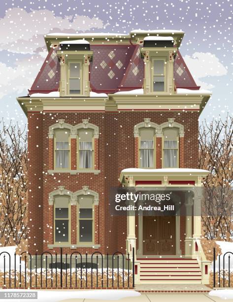 victorian house in the winter - victorian mansion stock illustrations