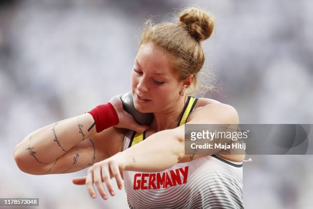 Alina Kenzel of Germany competes in the Women's Shot Put qualification during day six of 17th IAAF World Athletics Championships Doha 2019 at Khalifa...