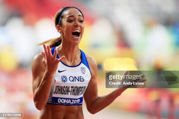 Katarina Johnson-Thompson of Great Britain reacts after competing in the Women's Heptathlon 100 metres hurdles during day six of 17th IAAF World...