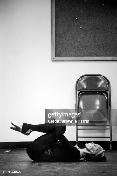 Russian ballet dancer Natalia Makarova relaxing during rehearsing 'Other Dances' at the Ed Sullivan Theatre, New York, New York, January 15, 1980.