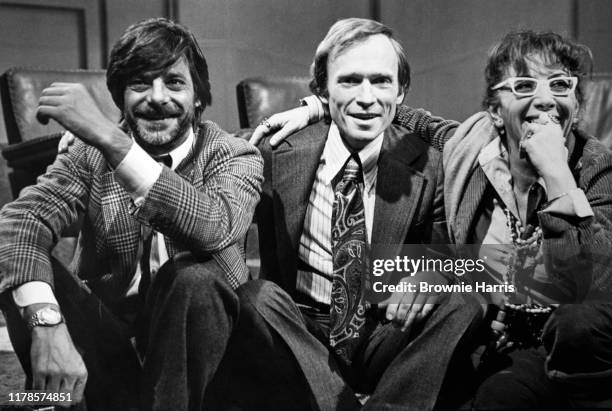 View of, from left, Italian actor Giancarlo Giannini, talk show host Dick Cavett, Italian director Lina Wertmuller, New York, New York, 1978.
