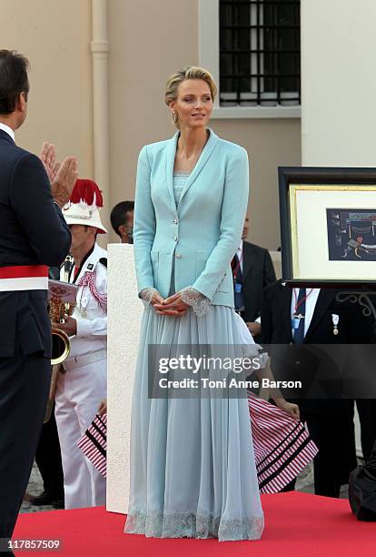 Princess Charlene of Monaco looks on after the civil ceremony of the Royal Wedding of Prince Albert II of Monaco to Charlene Wittstock at the...