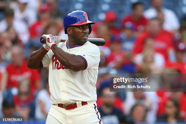 Jose Pirela of the Philadelphia Phillies in action against the Miami Marlins during a game at Citizens Bank Park on September 29, 2019 in...