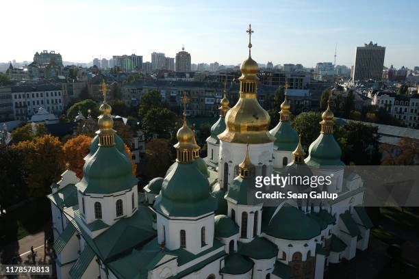 The golden domes of St. Sophia's Cathedral stand in the city center on October 02, 2019 in Kiev, Ukraine. Ukraine has found itself at the core of a...
