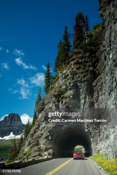 driving the stunning going to the sun road, glacier national park. - going to the sun road stock pictures, royalty-free photos & images