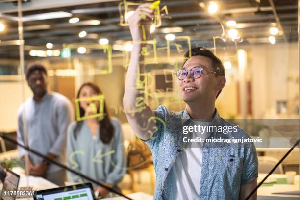 putting some of his brilliant ideas up on the board - sales pitch stock pictures, royalty-free photos & images