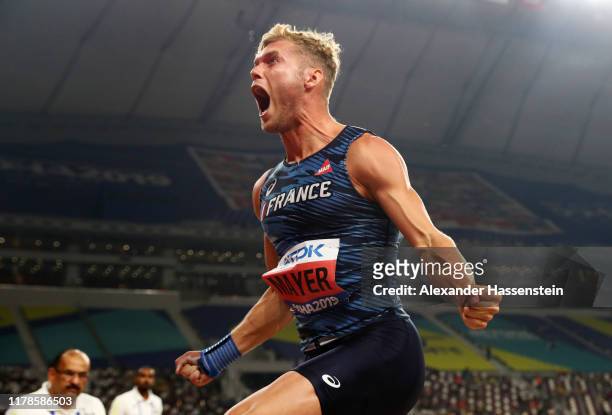 Kevin Mayer of France reacts in the Men's Decathlon Shot Put during day six of 17th IAAF World Athletics Championships Doha 2019 at Khalifa...