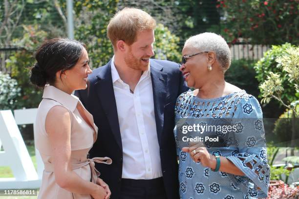 Prince Harry, Duke of Sussex and Meghan, Duchess of Sussex meet Graca Machel, widow of the late Nelson Mandela on October 02, 2019 in Johannesburg,...