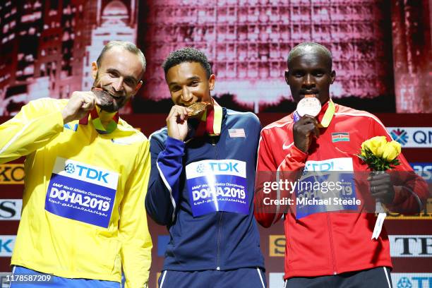 Silver medalist Amel Tuka of Bosnia and Herzegovina, gold medalist Donavan Brazier of the United States and bronze medalist Ferguson Cheruiyot Rotich...