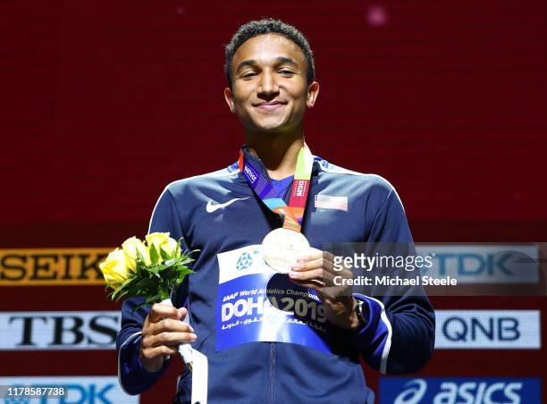 Gold medalist Donavan Brazier of the United States stands on the podium during the medal ceremony for the Men's 800 metres final during day six of...