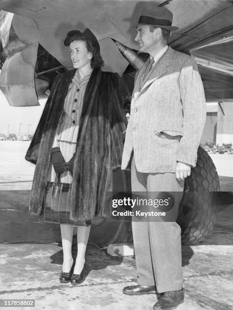 Former US Ambassador to the Soviet Union, W. Averell Harriman with his daughter Kathleen at Hamiliton Field, California, before a flight to...