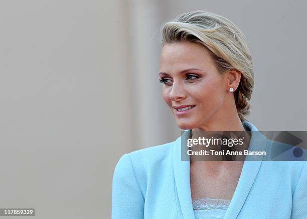 Princess Charlene of Monaco looks on after the civil ceremony of the Royal Wedding of Prince Albert II of Monaco to Charlene Wittstock at the...