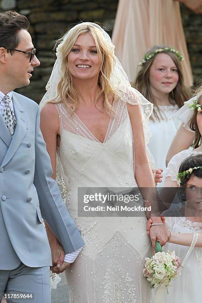 Kate Moss outside the church after her wedding on July 1, 2011 in Southrop, England.