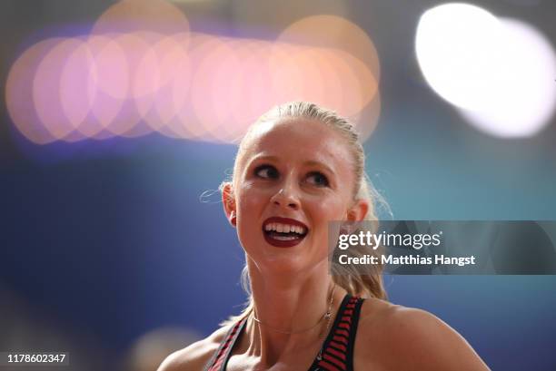 Sage Watson of Canada reacts in the Women's 400 metres hurdles semi finals during day six of 17th IAAF World Athletics Championships Doha 2019 at...