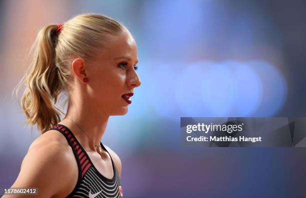 Sage Watson of Canada reacts in the Women's 400 metres hurdles semi finals during day six of 17th IAAF World Athletics Championships Doha 2019 at...
