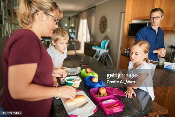 mother preparing school lunch boxes - boy packlunch stock pictures, royalty-free photos & images