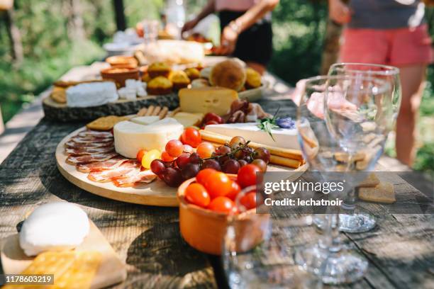 verschiedene mediterrane speisen für ein picknick im freien - eating cheese stock-fotos und bilder